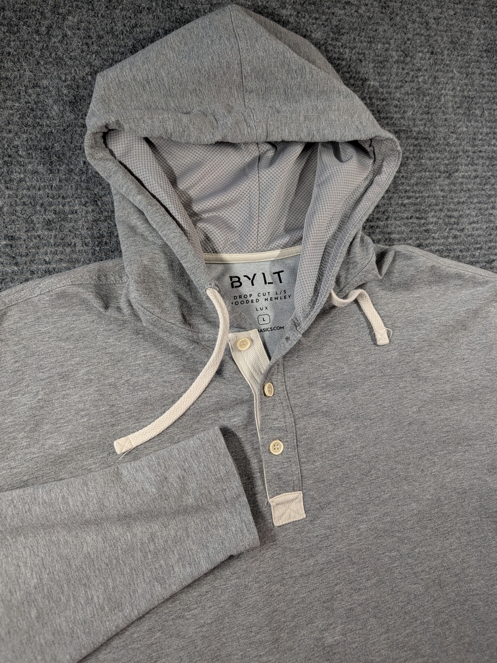 BYLT Drop Cut L/S Hooded Henley Lux Gray Pullover Hoodie Men's Large